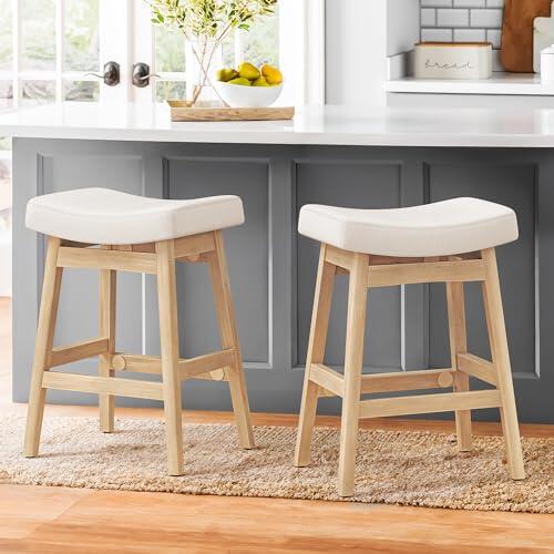 LUE BONA Juego de 2 Taburetes Altos de Cocina Madera,61cm Taburete de Bar con Reposapiés y 4 Patas de Madera,Taburetes Cocina con Tela Asiento,para Cocina,Salón,Comedor,Bar,Beige