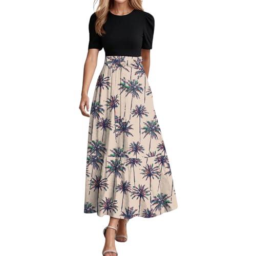 Generisch Vestidos largos de flores para mujer 2025 Elegante Boho Patchwork Maxi Vestido con Cinturón Cintura Imperio, Vestidos de Manga Corta Hasta La Rodilla, beige, M