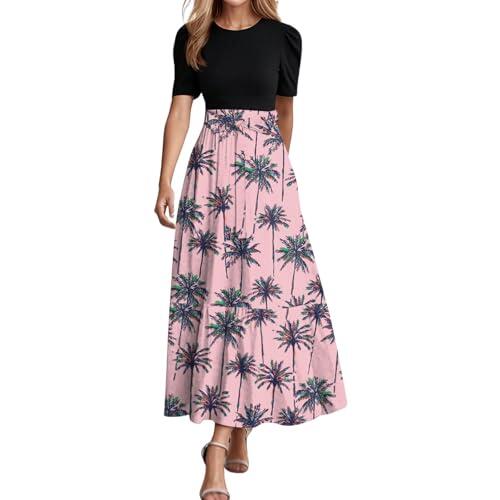 Generisch Vestidos largos de flores para mujer 2025 Elegante Boho Patchwork Maxi Vestido con Cinturón Cintura Imperio, Vestidos de Manga Corta Hasta La Rodilla, Rosa., L