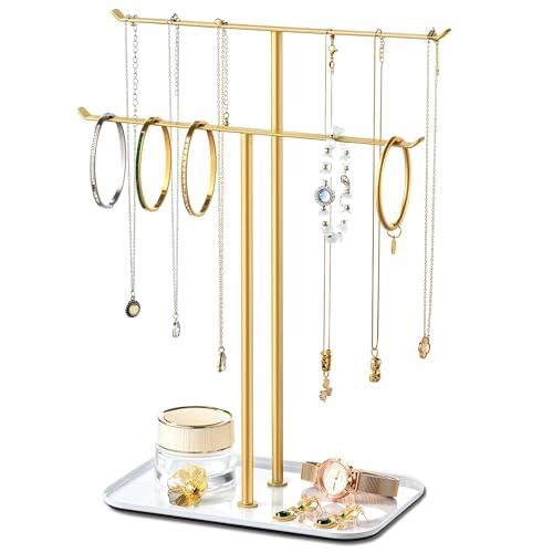 pickpiff Organizador de joyas, soporte para collares, 2 niveles con barra en T, árbol de exhibición de joyas con bandeja para almacenamiento de collares, pulseras, aretes, tocador, tocador, lavabo de