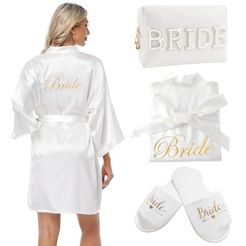 HANGGON Bata Novia Pijama Boda Mujer Albornoces Satén con Zapatilla Novia con Bolsa de maquillaje, Albornoz para Mujer, Kimono de Seda Suave y Sexy(L)