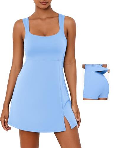Vestido de tenis para mujer, vestido de entrenamiento de golf 2 en 1 con brasier integrado y bolsillos para pantalones cortos, vestidos atléticos con correa ajustable, Azul claro, Large