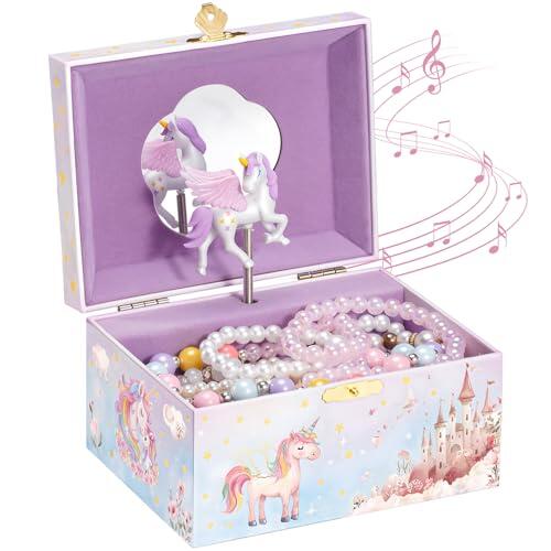 ProCase Joyero para Niñas, Organizador Joyería Infantil Musical con Muñeca Unicornio Giratoria para Chica Pequeña Estuche Caja Alhajero de Collar Pendiente Colgante Pulsera Anillo Lápiz Labial -Rosa