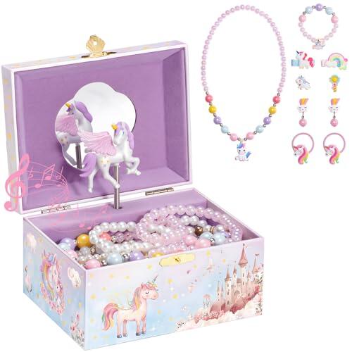 ProCase Joyero con Joyas para Niñas, Organizador Joyería Infantil Musical con Muñeca Unicornio Giratoria para Chica Pequeña Estuche Caja de Collar Pendiente Colgante Pulsera Anillo Lápiz Labial -Rosa