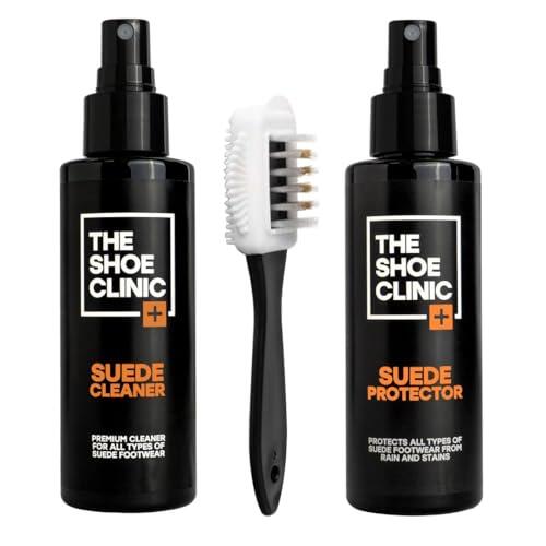 Shoe Clinic Kit de limpieza para gamuza y nobuk Limpiador y protector de gamuza en aerosol con cepillo | Limpia, protege e impermeabiliza zapatos, zapatillas y botas