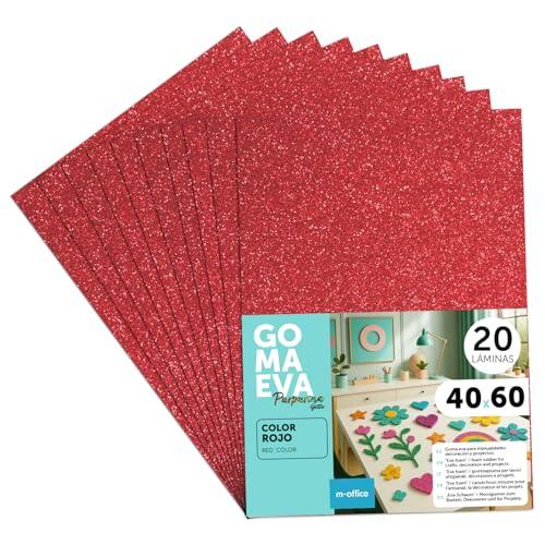 m-office Goma Eva de Purpurina para Manualidades, Goma Espuma de Colores para Proyectos Creativos, Ideales para Artes y Manualidades, uso Escolar o Profesional 40x60cm (Rojo Purpurina, 20 uds)