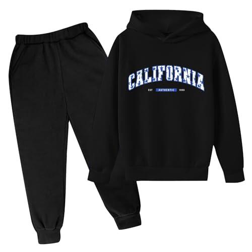 Generisch Juego de ropa deportiva para niños, camiseta deportiva de manga larga con pantalones, corte holgado, fútbol, baloncesto, chándal, Traje C1-negro, 9-10 años