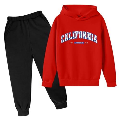 Generisch Juego de ropa deportiva para niños, camiseta deportiva de manga larga con pantalones, corte holgado, fútbol, baloncesto, chándal, Traje C1-rojo, 13-14 años
