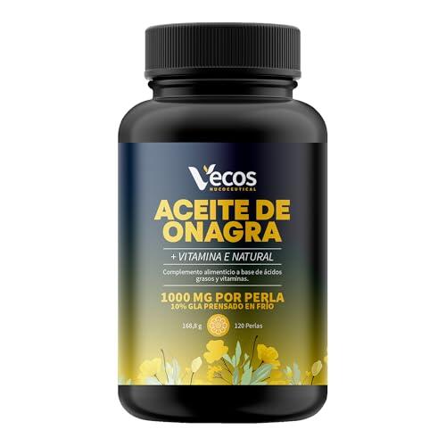Aceite de Onagra 1000mg con 10% GLA prensado en frio y enriquecido con Vitamina E Natural - Alivia síntomas de la Menopausia - Sin Gluten ni azúcares añadidos (120 Cápsulas (1 Bote))