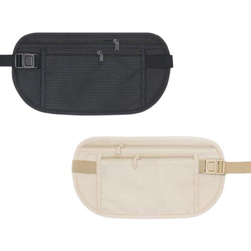 LBJFYHJN Paquete de 2 cinturones ocultos, riñonera antirrobo, cinturón deportivo, cinturón ajustable, impermeable, adecuado para teléfonos móviles, pasaportes, efectivo, negro, beige, normal