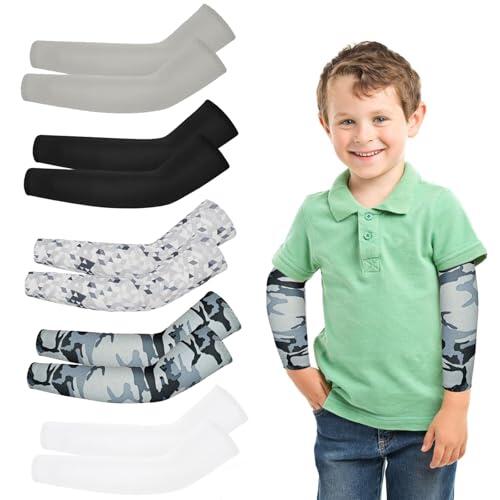 YEAMLTE Mangas de Brazo para Niños, 5 PCS Mangas para Brazos Protección Sol, Manga Protectora UV, Manguitos Voleibol, para Niños y Adolescentes Manguitos Ciclismo (gris, 8-10 años)