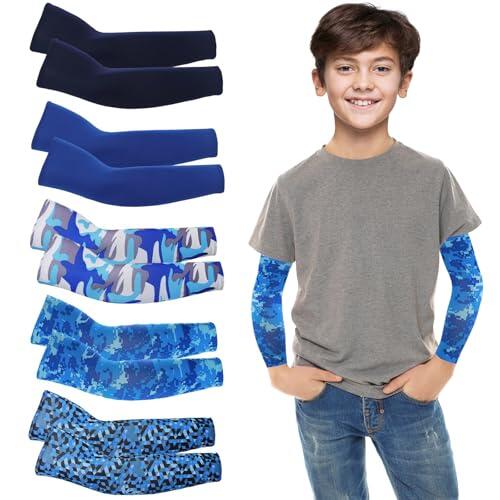 YEAMLTE Mangas de Brazo para Niños, 5 PCS Mangas para Brazos Protección Sol, Manga Protectora UV, Manguitos Voleibol, para Niños y Adolescentes Manguitos Ciclismo (azul, 3-7 años)