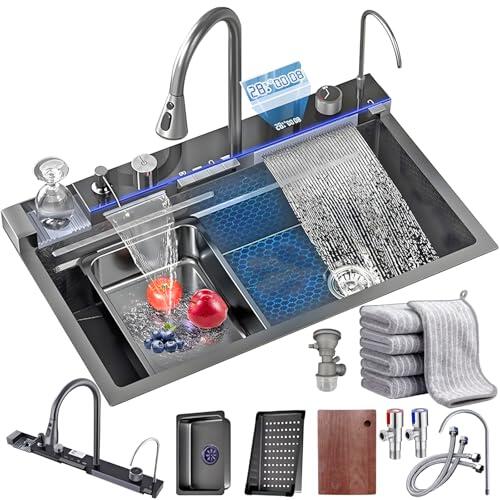 Negro Fregadero Multifuncional 1 Seno Estilo cascada Encimera Cocina Acero inoxidable Nano Revestimiento Fregadero Inteligente con Tabla de cortar, Dispensador De JabóN, Accesorios (80x45x22cm)