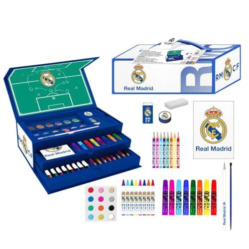Set de Papelería Coloreable Real Madrid – Estuche Escolar Completo para Niños con Rotuladores, Lápices de Colores y Accesorios Oficiales del Club Blanco para Dibujar y Colorear