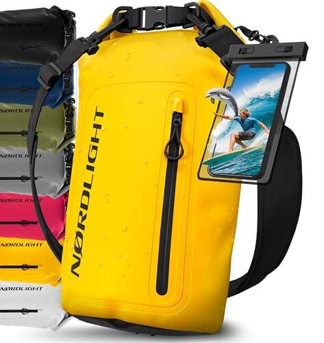 Nordlight Bolsa Estanca Impermeable + Funda para Móvil, Cierre Enrollable, Correa para Hombro | Drybag Mochila Impermeable Saco Estanco Bolsa de Transporte Náutica | Playa Sup - Amarillo, 30 litros