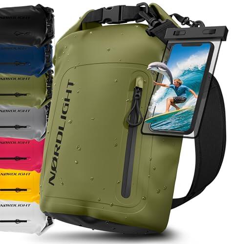 Nordlight Bolsa Estanca Impermeable + Funda para Móvil, Cierre enrollable, Correa para Hombro | Drybag Mochila Impermeable Saco Estanco Bolsa de Transporte Náutica | Playa SUP - Verde Oliva, 20 Litros