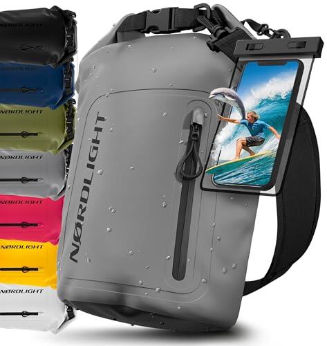 Nordlight Bolsa Estanca Impermeable + Funda para Móvil, Cierre Enrollable, Correa para Hombro | Drybag Mochila Impermeable Saco Estanco Bolsa de Transporte Náutica | Playa Sup - Gris, 20 litros