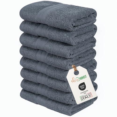 nice homeit Juego de 8 Toallas de Cara e Invitados de algodón 35 x 55 de 100% algodón Hilado en Anillo – Juego de Toallas de baño Extra Suaves y absorbentes. Fabricado en Italia – Gris Oscuro
