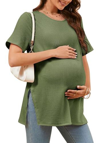 Tankaneo Camisetas de maternidad para mujer, de verano, acanaladas, de manga corta, con textura, con abertura lateral, ropa de embarazo, Verde, M
