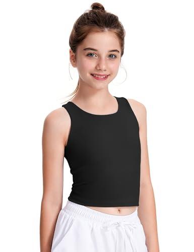 JOCMIC Camisetas deportivas sin mangas para niñas, con doble forro y espalda cruzada, alta elasticidad, para gimnasia, yoga, Negro -, 9-10 años