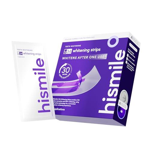 Hismile V34 Tiras blanqueadoras, tiras blanqueadoras de dientes, tiras blanqueadoras moradas, blanquean después de un uso* - 14 aplicaciones (28 tiras individuales)