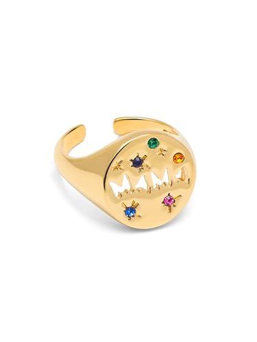 SINGULARU - Anillo Mamá. Latón con Baño en Oro de 18 Kt y Circonita. Joyas Para Mujer.