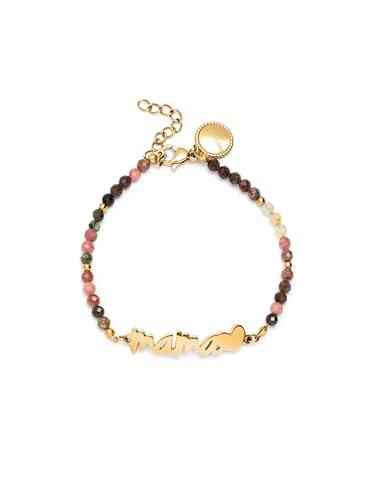 SINGULARU - Pulsera Mamá Heart Tourmaline. Acero con Baño en Oro de 18 Kt y Piedras Naturales. Joyas Para Mujer.
