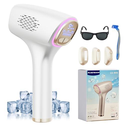 3 en 1 Depiladora Laser con Función de Refrigeración, 570NM-1200NM, Depiladora Luz Pulsada, Pantalla Táctil LCD, 999,999 Flashes, 9 Niveles de Energía, HR/SC/RA Mode, para Facial, Axilas,Brazos