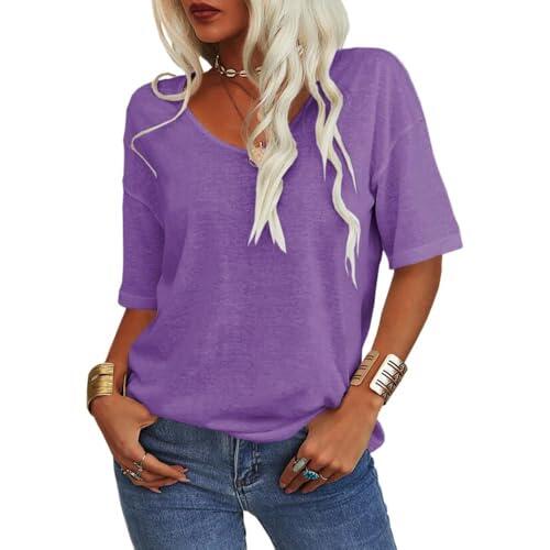 yiokeo Tranquilm T Shirts Tranquilm Womens T-Shirts V Neck 3/4 Sleeve Tops for Women Ladies Petite Tops (Purple,S)