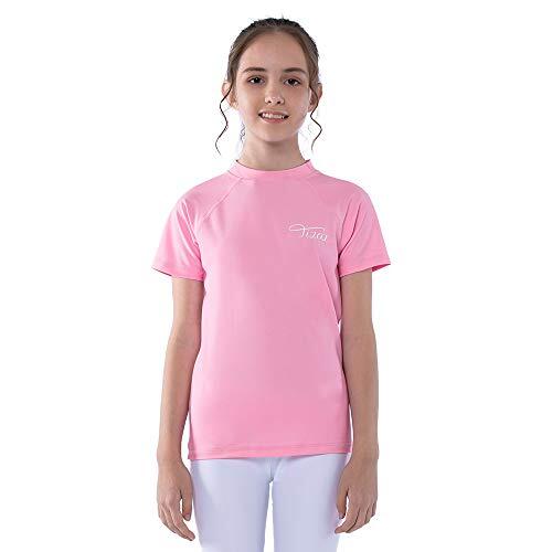 TIZAX Camiseta Natación con Protección Solar para Niñas Traje de Baño de Manga Corta Rashguard para Surf/Nadando/Buceo/Playa Rosa 13-14 años