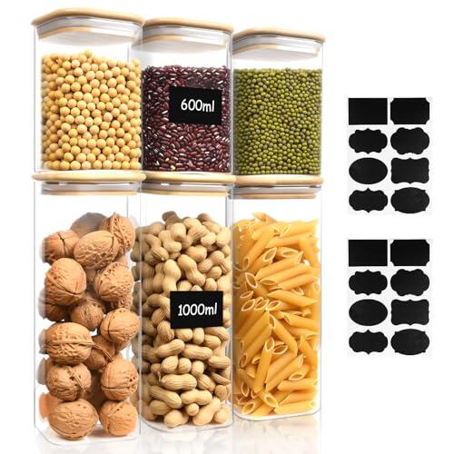 AOOTE Tarros De Bote Cristal Con Tapa,6 Pcs 1000ml/600ml Tarros de Vidrio Cocina Almacenaje con 2 pegatinas,Aptos para Lavavajillas,Botes Hermeticos Cristal para Especias,Té,Cereales,Nuez,Harina