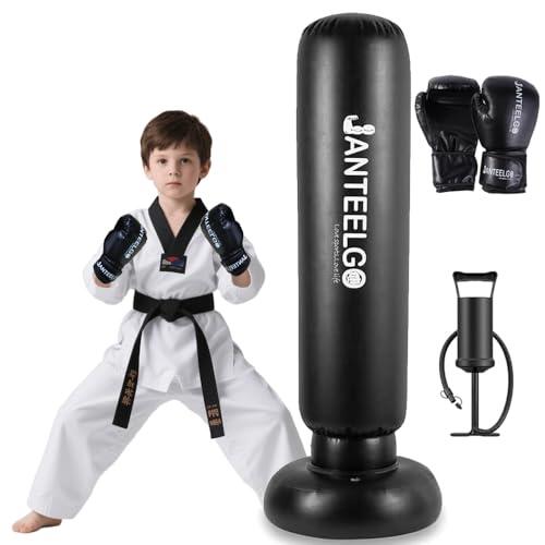 Saco de Boxeo de Pie Niños y Guantes de Boxeos: JanTeelGO 150cm Punching Ball Inflable - Regalos para aliviar la energía y desarrollar Habilidades para niños y niñas de 3 a 12 años (Saco de Boxeo-A1)