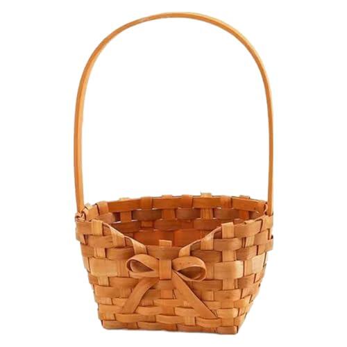 Cesta de flores con asa, cesta de mimbre tejida a mano con asa, astillas de madera, portátil, rústico, adorno de boda, contenedor de almacenamiento para bodas, aniversarios