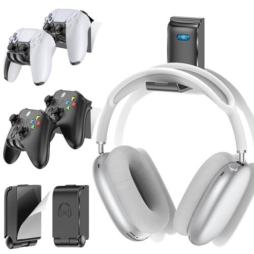 Kytok Soporte para Auriculares y Mando, Soporte Universal de Pared para Mandos Xbox/PS5/PS4/Nintendo Switch, Plegable Soporte 4 Mando y Cascos Pared, Organiza Accesorios Gaming, Negro, 2 Piezas