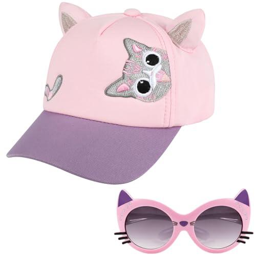 Gorra de Béisbol para Niñas con Orejas de Gato, Gafas de Sol para Niños Protección UV Ajustable Sombrero para el Sol con Gato Bordado Lindo Playa Gorras Casual Regalos para Niñas Verano