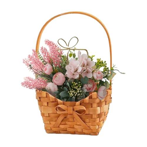 Cesta de flores con asa, cesta de mimbre tejida a mano con asa, adorno rústico de boda, portátil, contenedor de almacenamiento para el hogar, para mujeres y hombres
