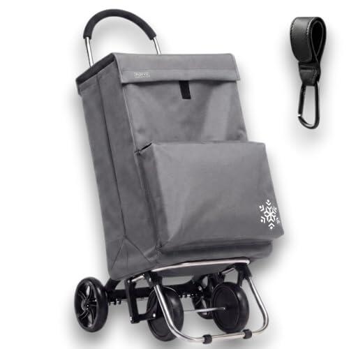 POPYS® Carro de la Compra de 50L + Gancho Multiusos de Regalo con Compartimento Refrigerante | Carrito Compra de 4 y 2 Ruedas Ideal para Supermercado (Requiere Montaje) (Gris.)