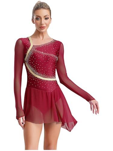Hedmy Vestido de Patinaje Artístico Hielo para Mujer Manga Larga Maillot Danza Ballet Lírico con Falda Gasa y Pedrería Brillante Disfraz de Bailarina borgoña S