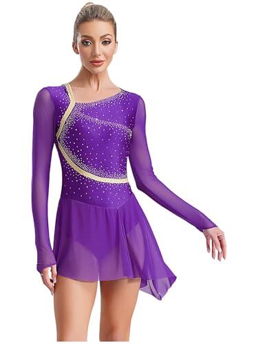 Hedmy Vestido de Patinaje Artístico Hielo para Mujer Manga Larga Maillot Danza Ballet Lírico con Falda Gasa y Pedrería Brillante Disfraz de Bailarina Morado S