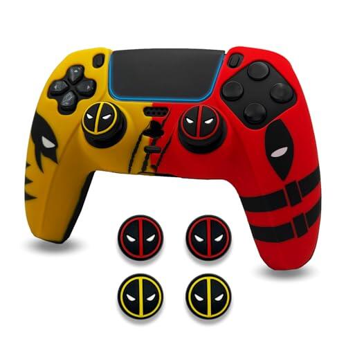 ElitePlay Amarillo y Rojo Dpool vs Wolve Funda de Silicona Antideslizante para Controlador PS5, Funda de Goma Blanda para Controlador Inalámbrico PS5 con Juego de Agarre para Pulgar