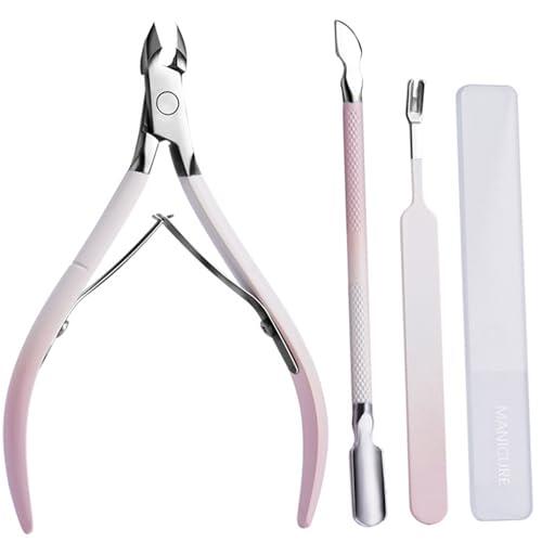 Kit profesional de removedor de cutículas y manicura: cortador de cutículas, recortador, cortaúñas y juego de herramientas de uñas, empujador de doble extremo y lima de uñas de vidrio (4 piezas en