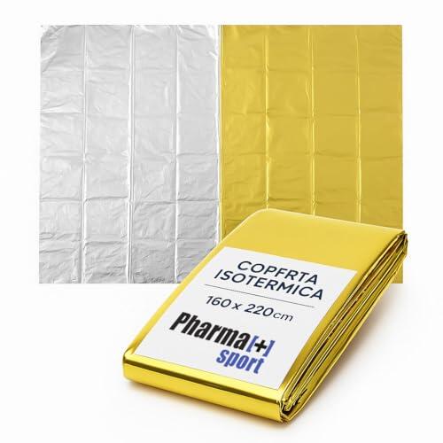 PHARMA+SPORT Manta térmica de emergencia 160 x 220 cm, lona isotérmica dorada/plateada para supervivencia, primeros auxilios y exteriores – Retiene el calor y protege del sol y el frío, 1 unidad