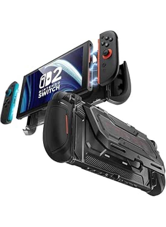 Mumba Funda para Nintendo Switch 2 con Base Abatible [Titan] Ergonómica con Agarre para 5 Tarjetas de Juego y 2 Tarjetas TF Accesorios de TPU y Diseño Joy-con de Liberación Rápida (Negro)