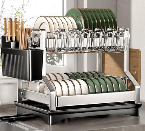 SerkaHome Estante Escurridor de Platos 2 Niveles Acero Inoxidable 304, Escurreplatos Cocina para Fregadero (42 x 29 x 35cm), Organizador de Cocina, Gran Capacidad, Resistente a la Corrosión y al Óxido