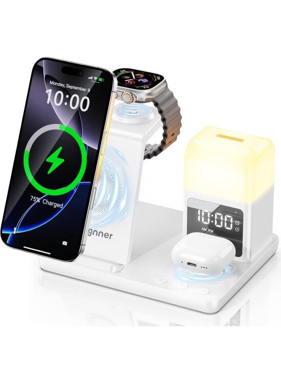 Cargador Inalambrico iPhone, Cargador Inalámbrico con Lámpara lámpara de Noche y Despertador, Estacion de Carga Apple 17 16 15 14 13 12, Apple Watch, AirPods