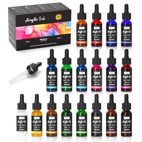 Nicpro Tinta acrílica de 18 colores, botella de 30 ml con cuentagotas, tintas acrílicas permanentes de secado rápido para artistas, juego de colores esenciales para dibujo de tinta, arte vertido