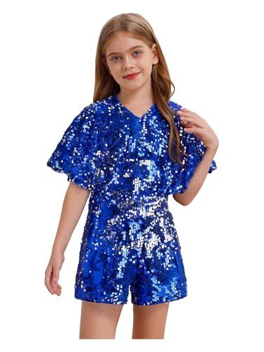 TiaoBug Mono De Lentejuelas Para Niñas Pelele Brillante Manga Corta Pantalones De Una Pieza Trajes De Fiesta Discoteca Azul 7-8 años