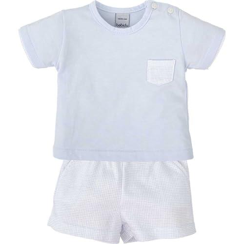 BABIDU Conjunto Niño con Camiseta de Manga Pantalón Corto Cuadro Vichy, Celeste, 3 Meses Unisex bebé