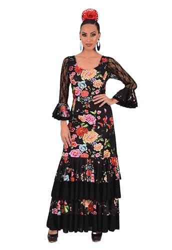 Vestido Flamenco Mujer con Volantes - Traje de Feria o Sevillanas con Mangas de Encaje y Estampado Floral (FR/ES, Letras, XS, Regular, Regular, Negro Multicolor)