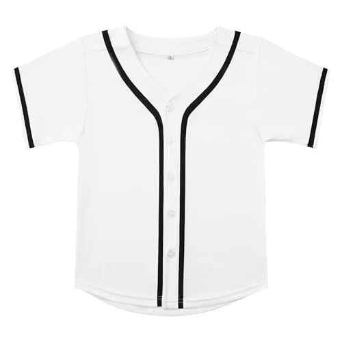 PRIMITAS Camiseta de béisbol lisa con botones para jóvenes, uniforme de equipo de sóftbol en blanco, camisetas activas de manga corta hipster hip hop, Blanco, 12 años